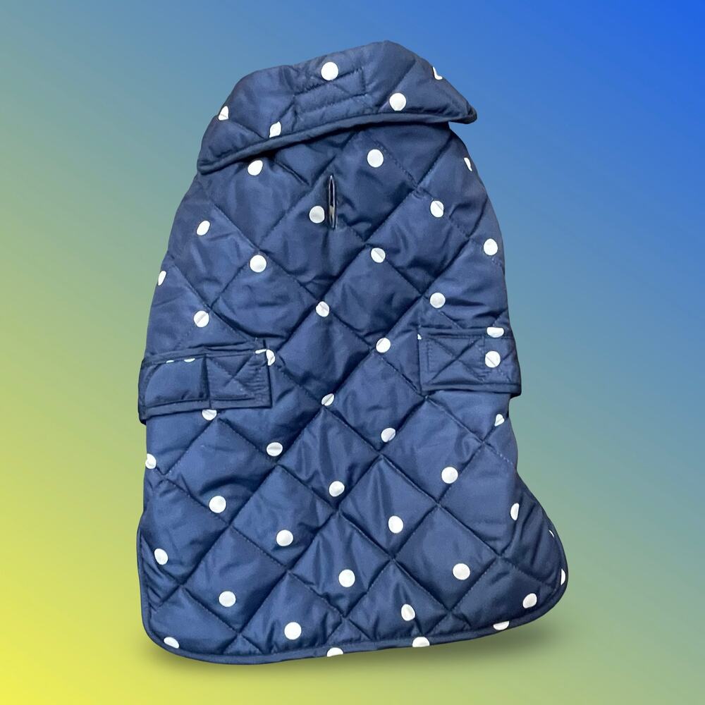 St. John's Bark Dog Jacket Blue White Polka Dot Quilted Winter Coat Size Medium